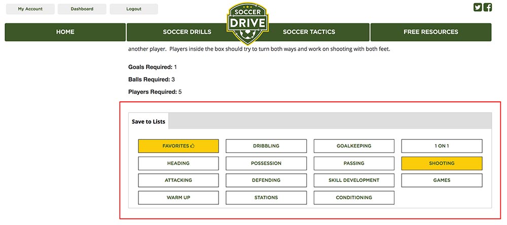 Add soccer drill to lists using the buttons at the bottom of the page