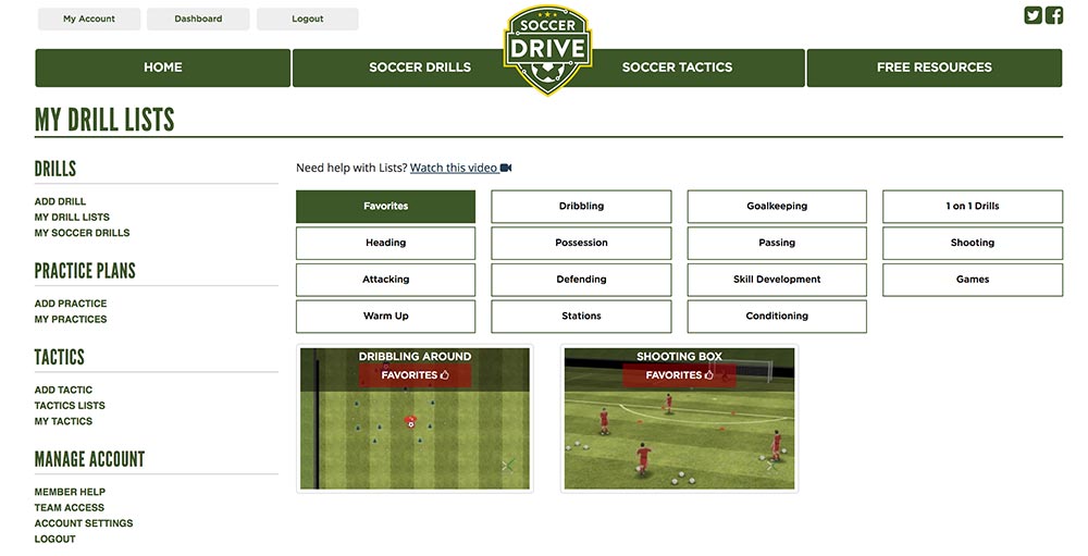 Soccer Drill Lists Page Example