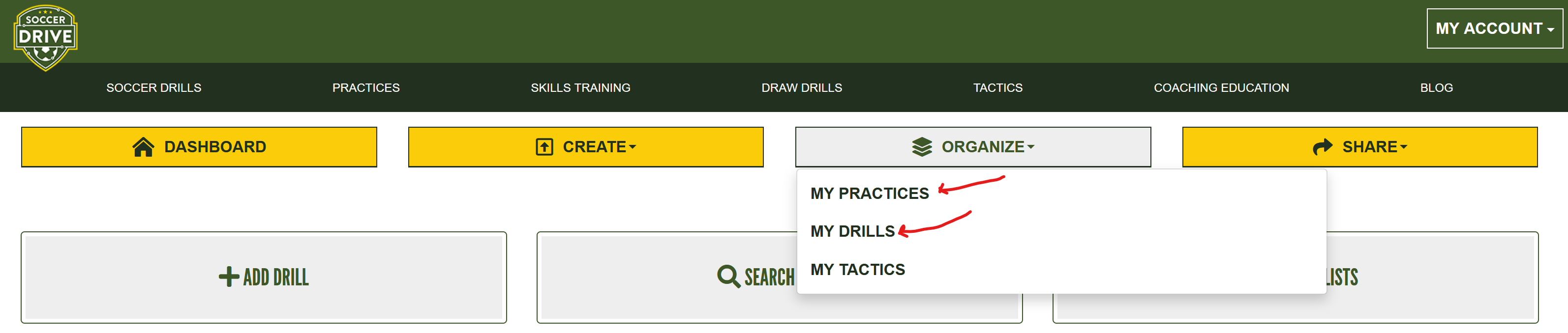 My drills and my practices link from navigation bar