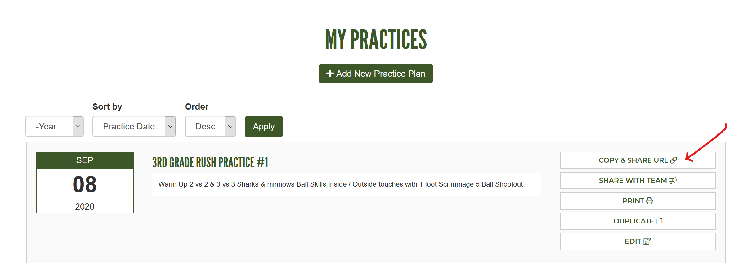 Copy and Share URL Button on my practices page